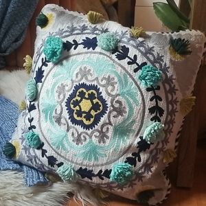 Anthro Teal Yellow Embroidered Pom pom Pillow